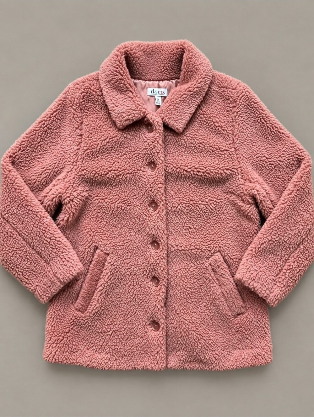 Denim & Co Teddy Bear Sherpa Jacket M Dusty Rose Pink Fleece Lined Coat